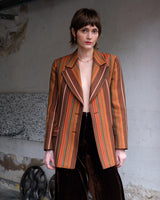 Get the ultimate 70s look with this vintage brown orange striped blazer! No buttons, just pure elegance. Perfect for any 70s enthusiast.