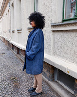 Cozy up like it's the 80s with this vintage navy blue shearling coat. Perfect for colder days! Get your winter fashion game on point.