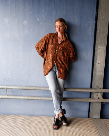 Vintage 90s Clark orange brown pattern long sleeve shirt | L-XL