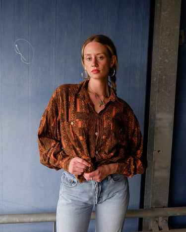 Vintage 90s Clark orange brown pattern long sleeve shirt | L-XL