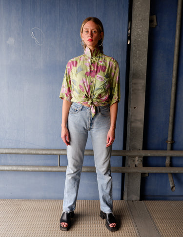 Vintage 90s green shirt with pink floral pattern | M-L