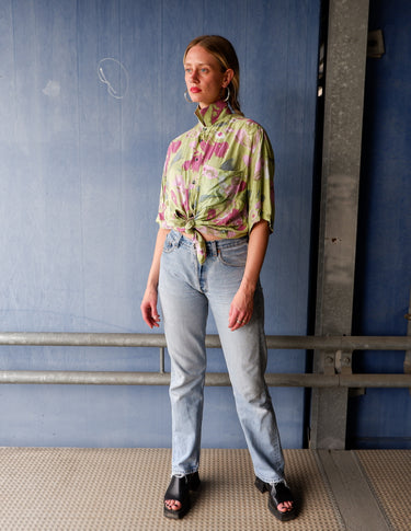 Vintage 90s green shirt with pink floral pattern | M-L