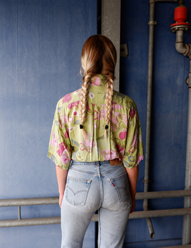 Vintage 90s green shirt with pink floral pattern | M-L