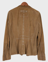 y2k brown leather jacket with white sewing details.
