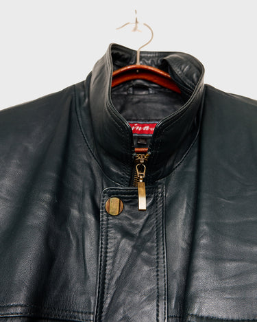 Vintage 90s Y2k GINA LEDER dark green lightweight bomber jacket with golden buttons and light shoulder pads | L-XL