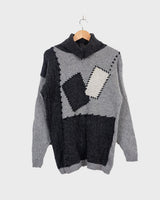 Get cozy in this vintage 90s grey lambswool angora turtleneck sweater (thin), with a fun geometric pattern. Made with a mix of lambswool and angora and a bit polyamid, this sweater will keep you warm. Its long fit offers versatility and the turtleneck adds a touch of elegance. Perfect for chilly days!