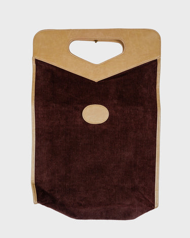 Vintage 90s Y2k brown corduroy tote bag with beige vegan leather trim