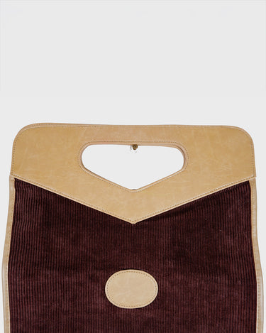 Vintage 90s Y2k brown corduroy tote bag with beige vegan leather trim