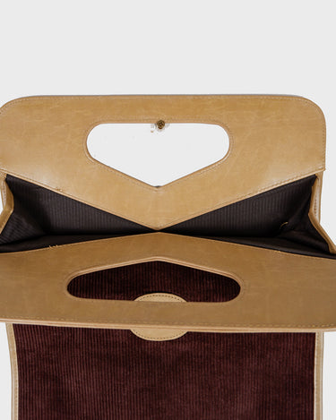 Vintage 90s Y2k brown corduroy tote bag with beige vegan leather trim