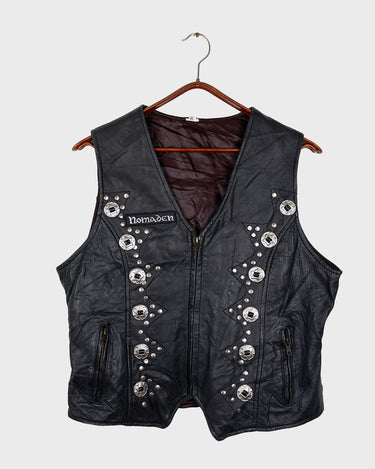 Vintage 90s black biker leather vest with conchos and patches | L-XL
