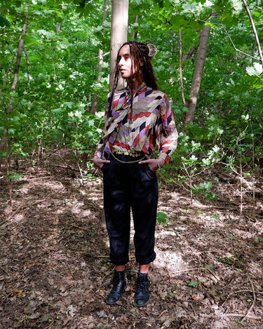 Vintage 80s colorful transparent Georgette silk tie-neck blouse with geometric pattern | XS-M