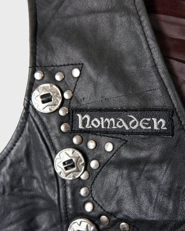 Vintage 90s black biker leather vest with conchos and patches | L-XL
