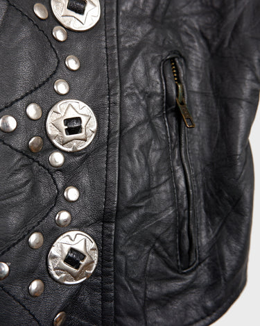 Vintage 90s black biker leather vest with conchos and patches | L-XL