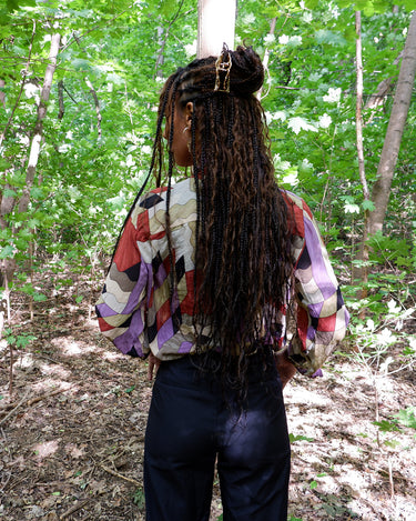 Vintage 80s colorful transparent Georgette silk tie-neck blouse with geometric pattern | XS-M