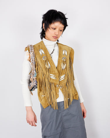 Vintage 80s RUNNING BEAR camel brown fringe western suede leather vest | S-M