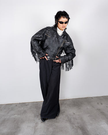 Premium Vintage 80s/90s black fringed leather biker jacket with asymmetric zip | S