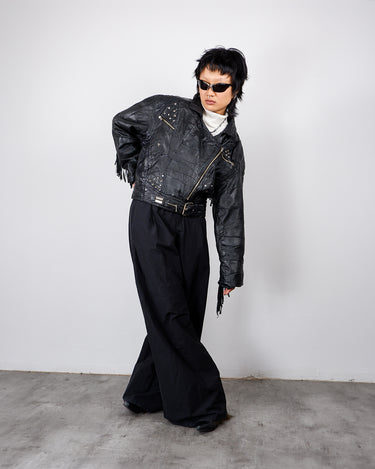 Premium Vintage 80s/90s black fringed leather biker jacket with asymmetric zip | S