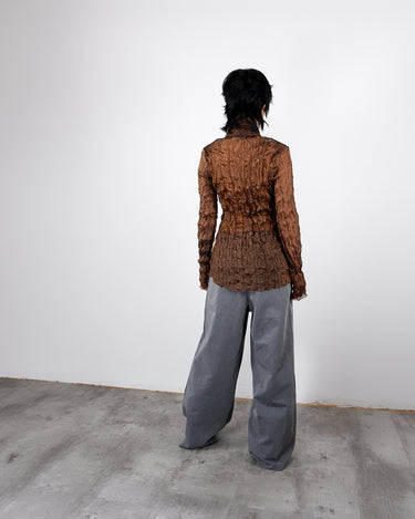 Y2K GIGLI sheer shimmer brown crinkle elastic bodycon blouse | XS-M