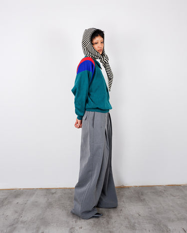 Vintage 80s green fleece style pullover with multicolor stripes mock neck | S-M
