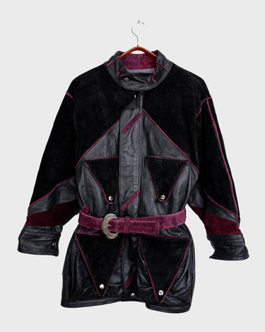 Experience the edgy and unique style of the 80s with our Vintage Black/Burgundy Patchwork Biker Leather Jacket. Crafted from high-quality leather, this jacket features a bold color combination of black and burgundy.