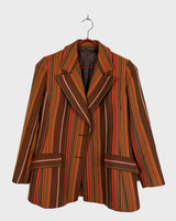Get the ultimate 70s look with this vintage brown orange striped blazer! No buttons, just pure elegance. Perfect for any 70s enthusiast.