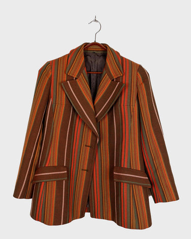 Get the ultimate 70s look with this vintage brown orange striped blazer! No buttons, just pure elegance. Perfect for any 70s enthusiast.
