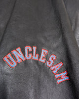 Unleash your inner rebel with this Vintage 80s Uncle Sam bomber leather jacket in size XL. Featuring a laid back, old-school vibe, this jacket exudes coolness and effortless style