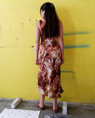 Vintage 90s Moda Piu asymmetrical maxi dress in brown and beige with a tie-dye pattern | S-M