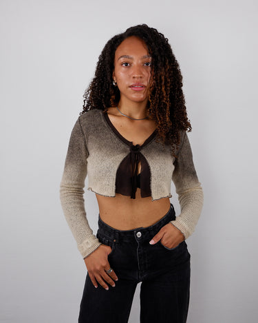 Vintage 90s Y2K cropped brown ombre fine knit cardigan with tie front | XS-S
