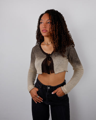 Vintage 90s Y2K cropped brown ombre fine knit cardigan with tie front | XS-S