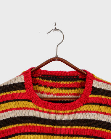 Vintage 70s hand-knitted striped T-shirt in yellow, brown, cream and red | S-M