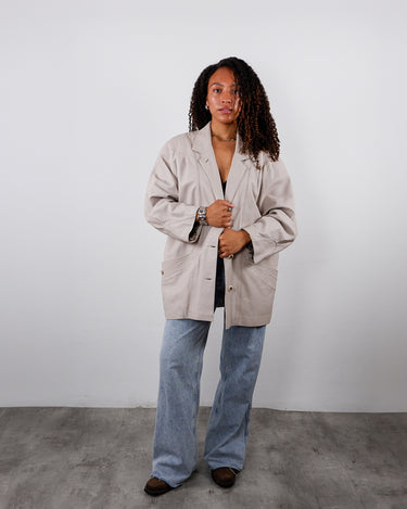 Vintage 80s cream white leather jacket with shoulder pads | M-XL