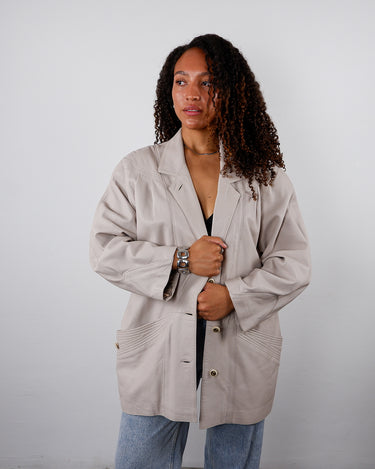 Vintage 80s cream white leather jacket with shoulder pads | M-XL