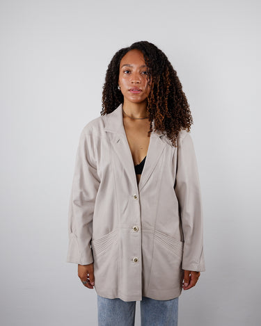 Vintage 80s cream white leather jacket with shoulder pads | M-XL