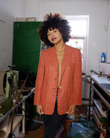 Add a touch of sass to your style with our Preloved salmon color tartan blazer (lightweight blazer - perfect for spring). Made from luxurious silk, virgin wool, and mohair, this blazer is not only stylish but also high-quality. Perfect for XS-S sizes. Upgrade your wardrobe now!