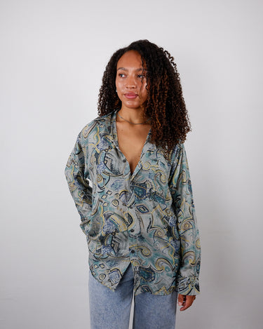 Vintage 80s crazy pattern silk shirt with multi color abstract graphic pattern in teal, blue and yellow | M-L
