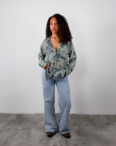 Vintage 80s crazy pattern silk shirt with multi color abstract graphic pattern in teal, blue and yellow | M-L