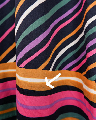 Be summer ready in this vintage 70s dress! Super thin and comfortable, it'll keep you cool in the most groovy way with its diagonal stripes of bold colors. Please keep in mind that this dress very light flaws (last photo).