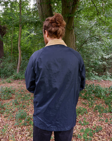 Vintage 80s 90s lightweight navy blue fireman clasp jacket with corduroy collar | L-XL
