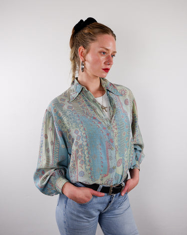 Vintage 90s washed out pastel color blue pink purple boho geometric print longsleeve blouse | S-L