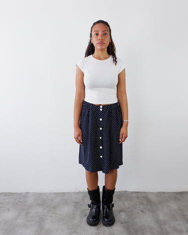 Vintage 90s navy blue polka dot midi skirt | S-M