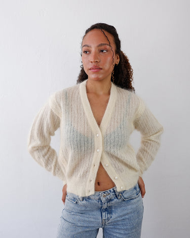Vintage 80s PIERRE CARDIN PARIS cream white kid mohair fine knitted cardigan | XS-S