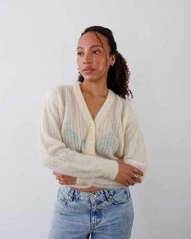 Vintage 80s PIERRE CARDIN PARIS cream white kid mohair fine knitted cardigan | XS-S