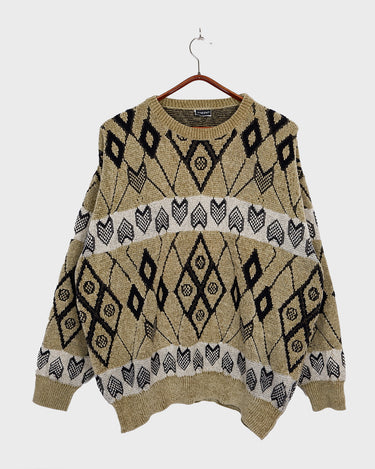 Vintage 80s MEDO mustard yellow pattern sweater (velvet feeling) | XL