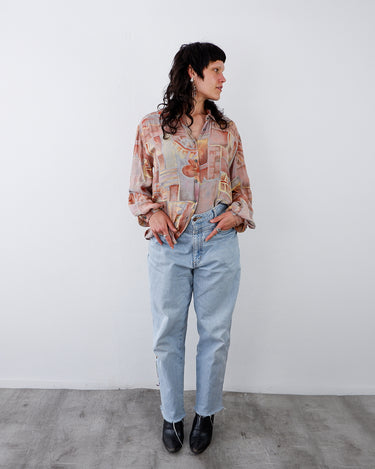 Vintage 90s brown long sleeve crazy pattern blouse with floral print | S-L