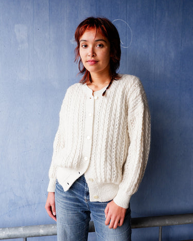 Handmade white openwork cable knit wool cardigan | S-M