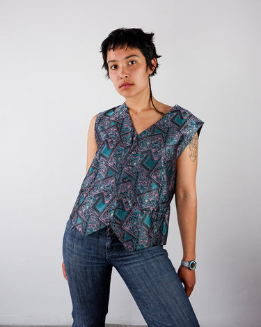 Vintage 90s pure silk vest with geometric paisley pattern in teal and pink | M-L