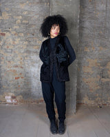 Dress to impress with this vintage 90s velvet blazer in XL! This one-of-a-kind piece features stunning pearl and floral applications, making it a true statement piece.