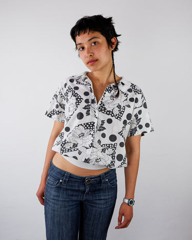 Vintage 90s floral black and white blouse | M