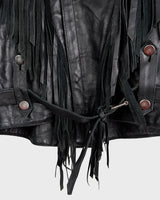 Add some wild vibes to your wardrobe with this vintage 80s 90s black fringe leather jacket. Complete with conchos and a belt, this jacket will be a statement piece for any outfit.
